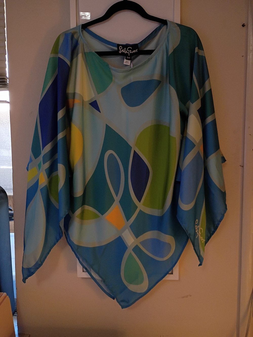 NWT Lesley Evers Marley Aqua Lines Silk Poncho Top OneX